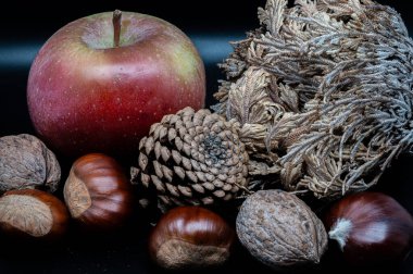 A composition of typically autumnal fruits such as chestnuts, walnuts, persimmons or the Campanian Annurca apple, enhancing their beauty and detail.