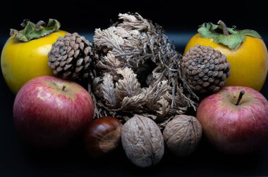 A composition of typically autumnal fruits such as chestnuts, walnuts, persimmons or the Campanian Annurca apple, enhancing their beauty and detail.