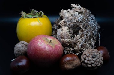 A composition of typically autumnal fruits such as chestnuts, walnuts, persimmons or the Campanian Annurca apple, enhancing their beauty and detail.