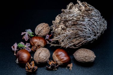 Güzelliklerini ve detaylarını arttıran ceviz ve kestane gibi tipik sonbahar meyvelerinin bileşimi.