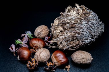 Güzelliklerini ve detaylarını arttıran ceviz ve kestane gibi tipik sonbahar meyvelerinin bileşimi.