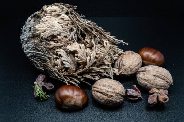 A composition of typically autumnal fruits such as chestnuts and walnuts, enhancing their beauty and detail.