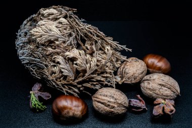 A composition of typically autumnal fruits such as chestnuts and walnuts, enhancing their beauty and detail.