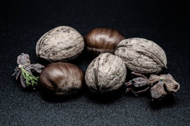 A composition of typically autumnal fruits such as chestnuts and walnuts, enhancing their beauty and detail.