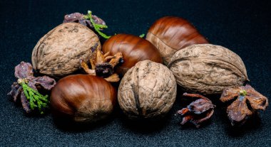A composition of typically autumnal fruits such as chestnuts and walnuts, enhancing their beauty and detail.