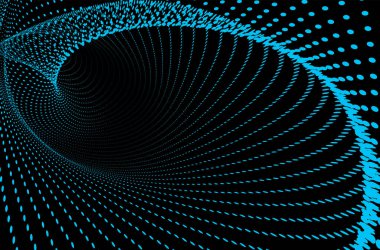 Tünel ya da solucan deliği. Dijital telgraf tüneli. Üç boyutlu tünel ızgarası. Arkaplan soyut vektör resmi