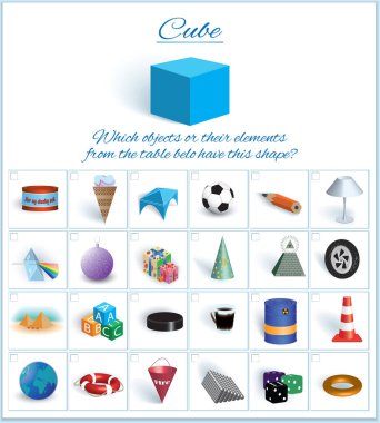 Cube. Logical task. Image of volumetric geometrical figure with examples of such objects form. Vector illustration clipart
