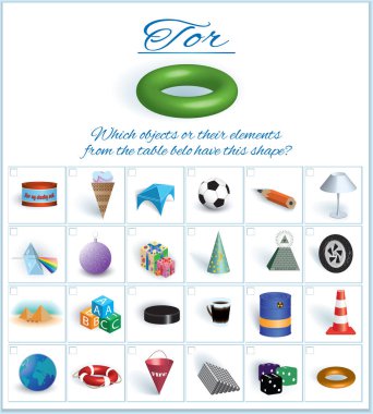 Tor. Image of volumetric geometrical figure with examples of such objects form. Vector illustration clipart