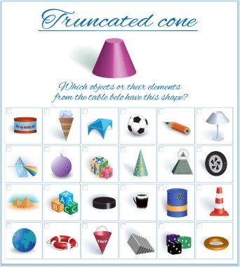 Truncated cone. Image of volumetric geometrical figure with examples of such objects form. Vector illustration clipart