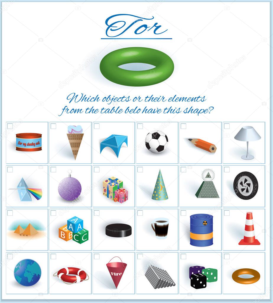 Tor. Image of volumetric geometrical figure with examples of such objects form. Vector illustration