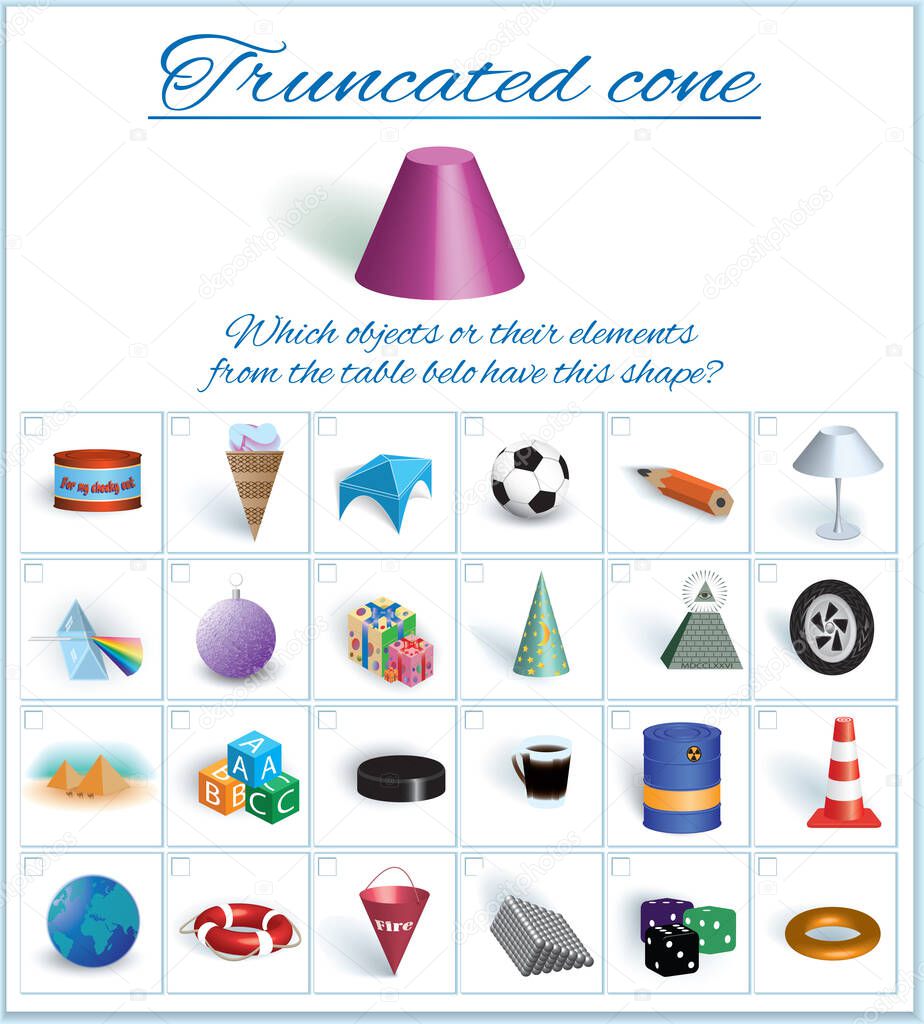 Truncated cone. Image of volumetric geometrical figure with examples of such objects form. Vector illustration