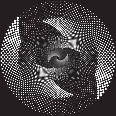 Noktalı Yarım Tonlu Vektör Döner Deseni ya da Doku. Siyah Çemberli Nokta Arkaplanı