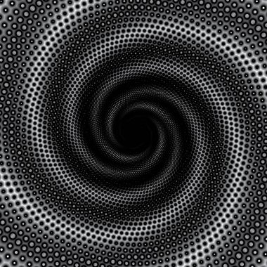 Noktalı Yarım Tonlu Vektör Döner Deseni ya da Doku. Siyah Çemberli Nokta Arkaplanı