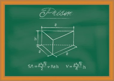 Prizma. Yüzey alanını ve tebeşirle çizilen hacmi hesaplamak için geometrik şekil ve formüllerin çizimi