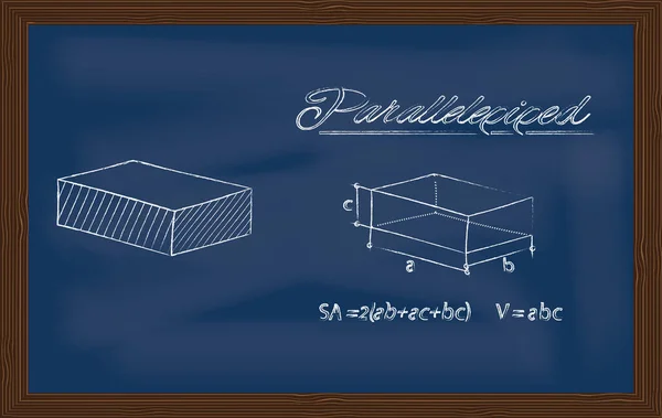 並列化された 黒板にチョークで描かれた面積と体積を計算するための幾何学的図形と数式のスケッチ — ストックベクタ