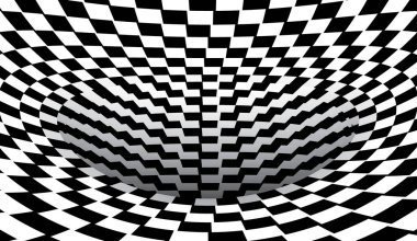 Soyut çizgili siyah-beyaz spiral arka plan. Kareli yüzeyi olan bir tünel. Vektör illüstrasyonu