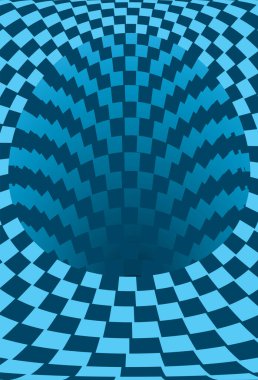 Soyut çizgili siyah-beyaz spiral arka plan. Kareli yüzeyi olan bir tünel. Vektör illüstrasyonu