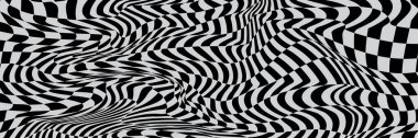 Damalı dalga tahtası. Soyut üç boyutlu siyah beyaz illüzyonlar. Dalgalı çarpıtma etkisi olan bir model ya da arka plan. Vektör illüstrasyonu
