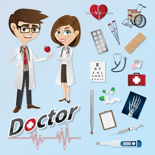 Médico dos desenhos animados com instrumentos médicos — Vetor de Stock