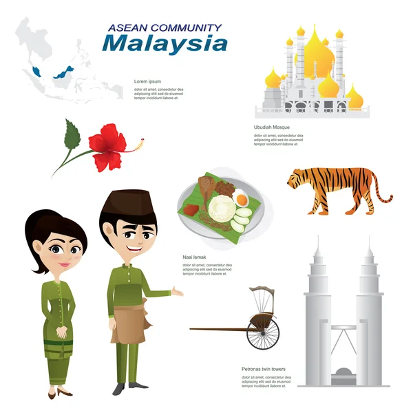 Infográfico de desenhos animados da comunidade asean malásia . — Vetor de Stock