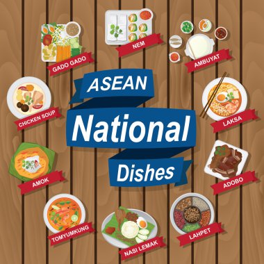Asean Milli yemekleri ahşap arka plan üzerinde