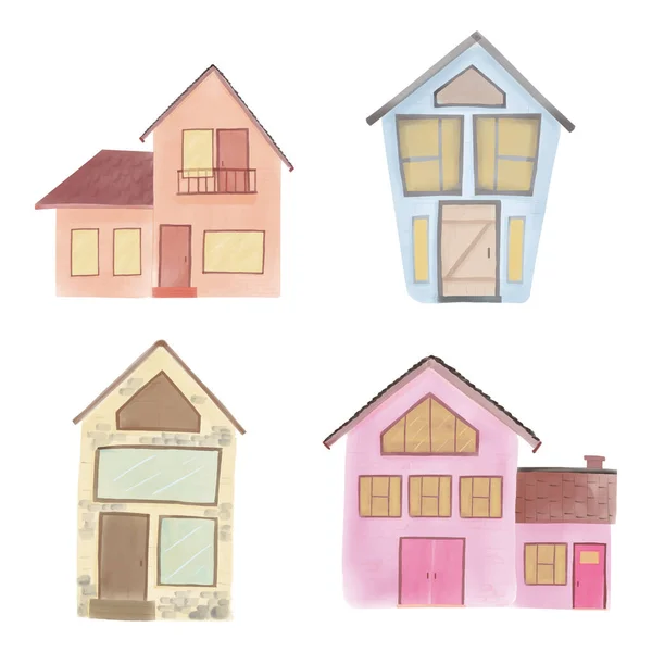 Set Watercolor House Illustration Hand Painted Style — Stock Vector