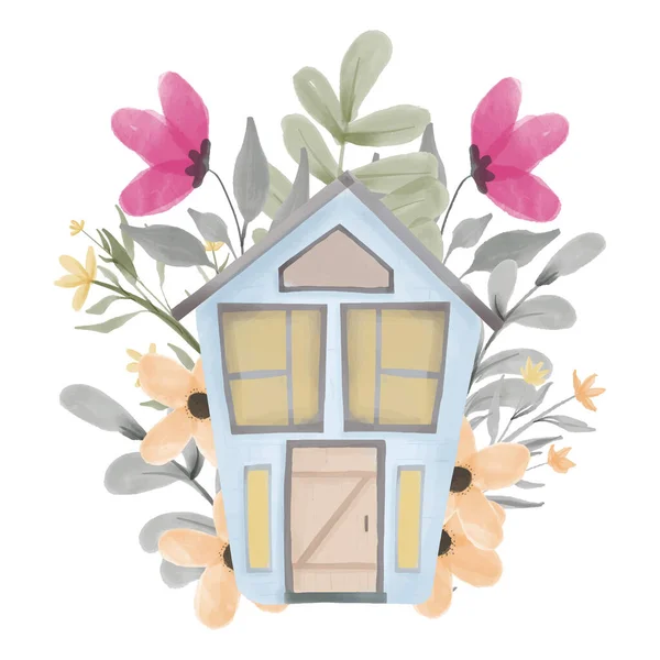 Akvarell Handmålade Blommigt Hus För Hemtrevlig Illustration — Stock vektor