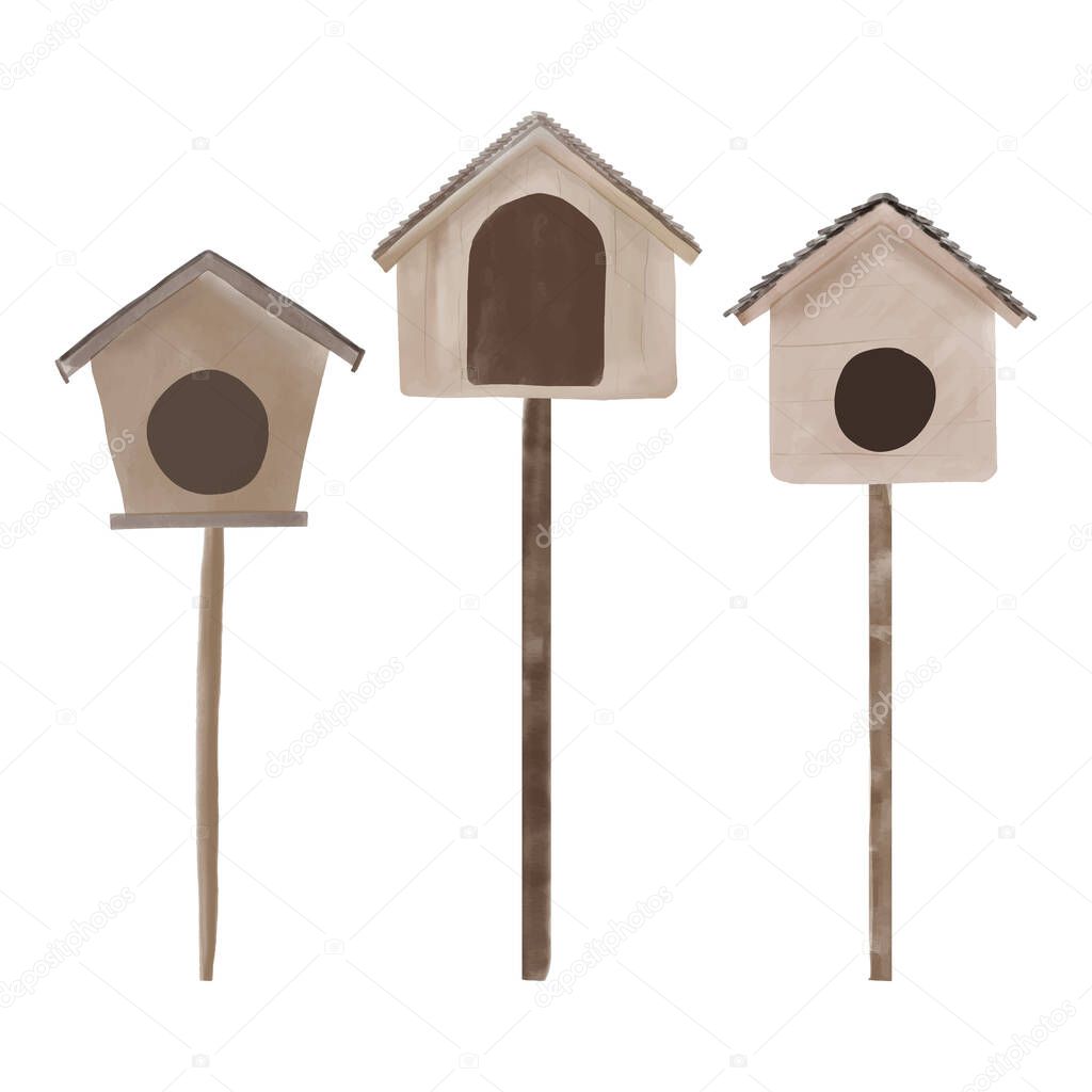Watercolor illustration of wooden birdhouse collection