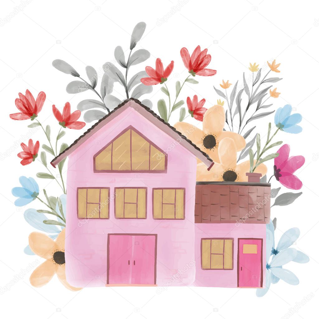 Watercolor home sweet home concept illustration with flower