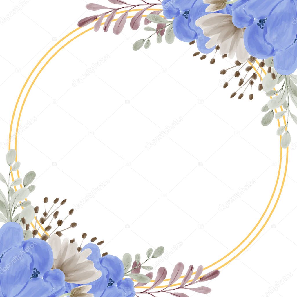 Watercolor blue peony flower frame with golden circle