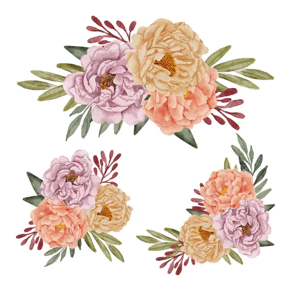 Hermosa Acuarela Peonía Arreglo Flores Conjunto — Vector de stock