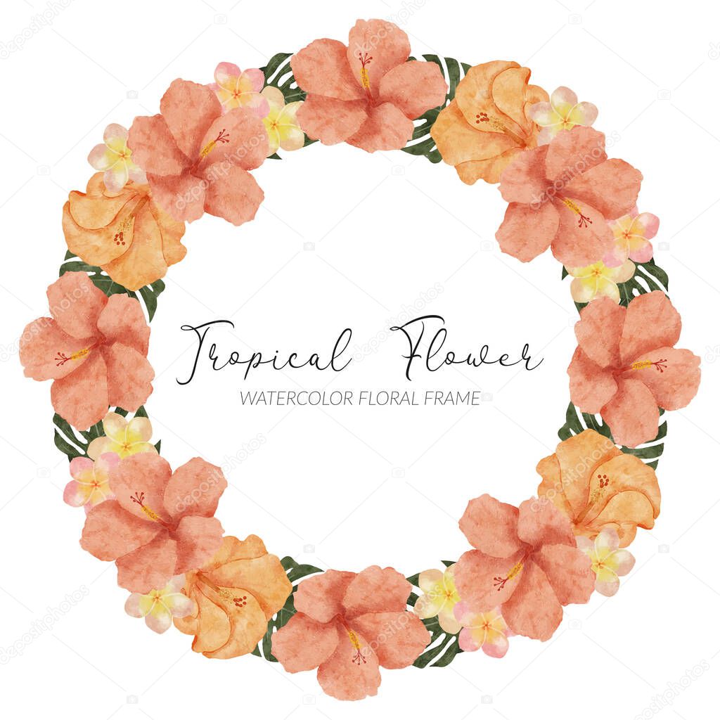 watercolor summer tropical hibiscus flower wreath frame