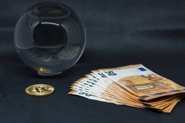 Bitcoin Coin Pile Euro Banknotes Glass Ball Lie Side Side — Stock Photo, Image