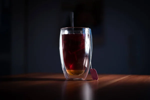 Plato Madera Encuentra Vaso Con Una Bolsa Interior Una Cuchara —  Fotos de Stock