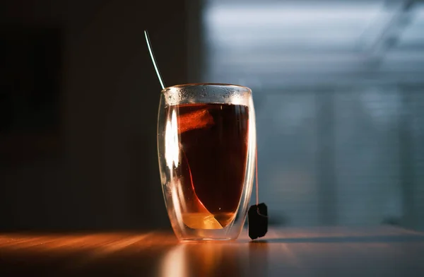 Wooden Plate Stands Glass Tea Tea Bag Spoon — Stock Photo, Image