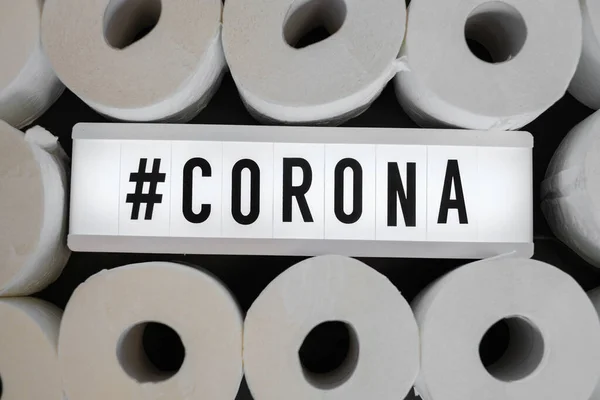 Sign Inscription Corona Can Found Middle Many White Toilet Paper — Stock Photo, Image