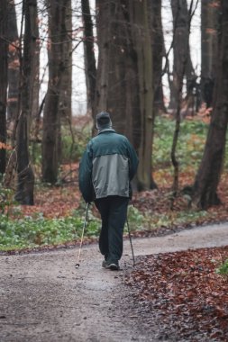 Ormanda yürüyen bir adam İskandinav ayaklarıyla yürür.