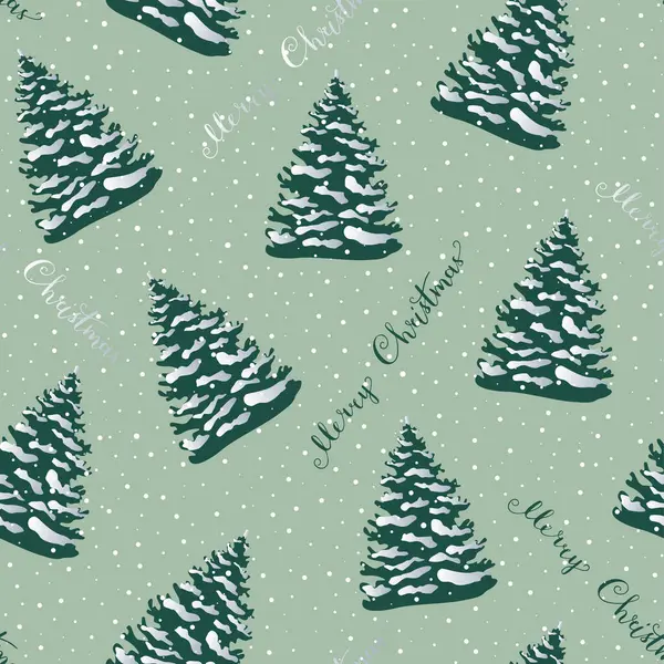 Karlı bir Noel ağacının silueti. Stilize edilmiş yeşil kozalaklı ağaç. Vektör çizimi. Kusursuz desen. Mutlu Noeller..