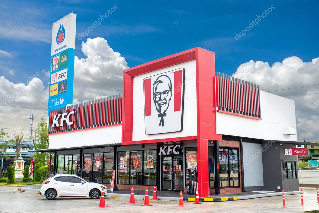 Thailand - April 12, 2021: Modern Franchise food business service in PTT gas station, Kentucky Fried Chicken (KFC) are many branches of fast food restaurants that focus on fried chicken