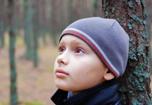 Bambino ragazzo pensoso pensoso solo bosco legno — Foto Stock