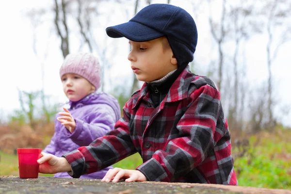 Children two little boy girl eat drink outdoor fall season — Stock Photo, Image