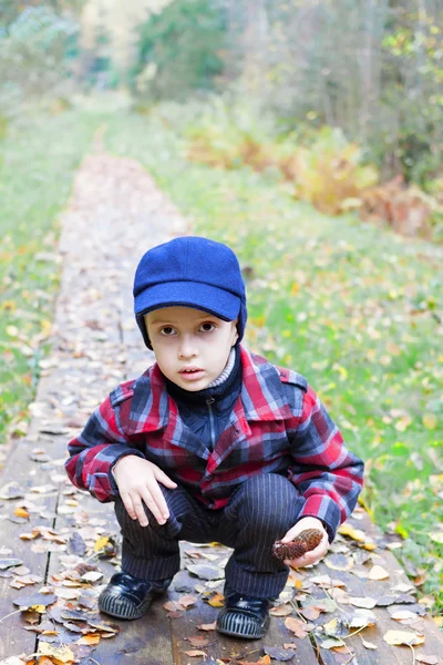 Kid sitting forest road fall season clothes — Stock Photo, Image