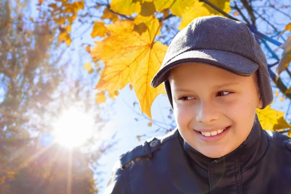 Bambino ragazzo felice sorriso sole splendere autunno foglie — Foto Stock