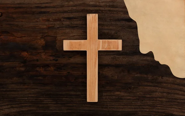 Christian man pray concept cross wooden silhouette paper cut — Stock Photo, Image