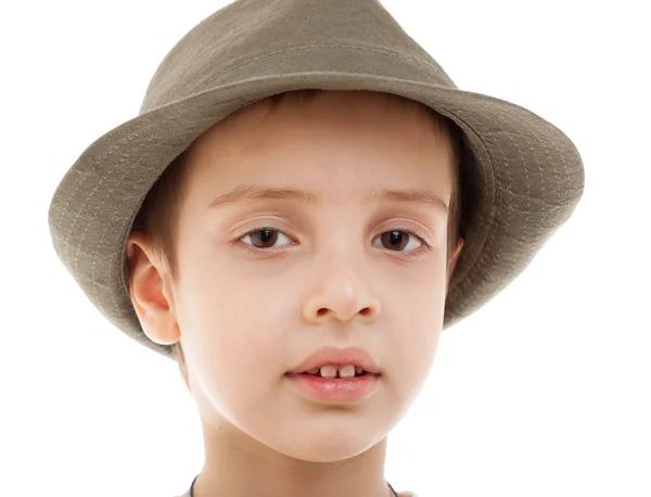 Kid boy hat portrait closeup isolated white — Stock Photo, Image