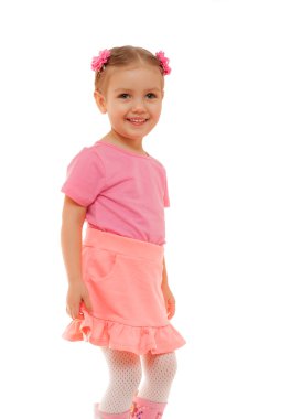 Child girl pink t-shirt skirt fun smiling face studio portrait isolated white clipart