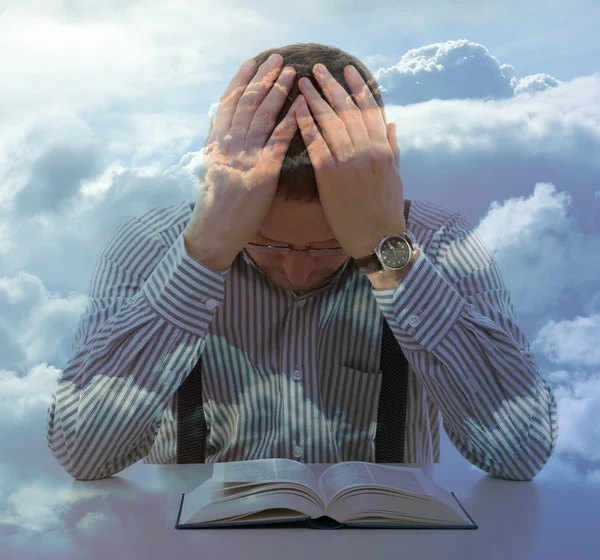 Man pray unusual sky view clouds religion concept double exposure — Stock Photo, Image