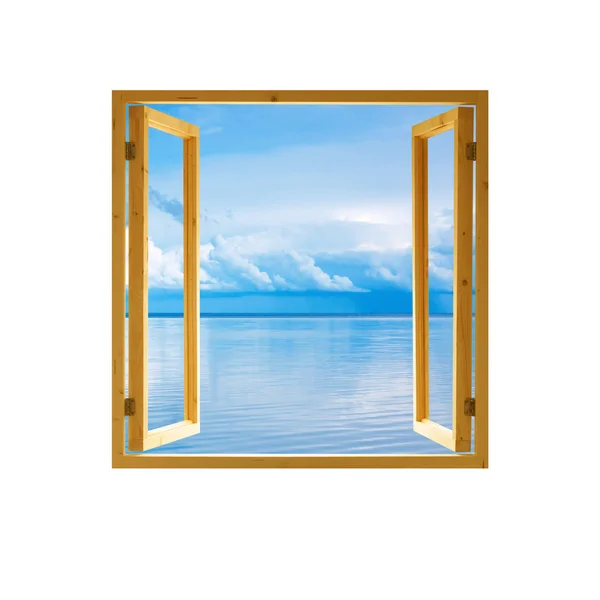 Frame window open wooden sky water clouds view background — Stock Photo, Image