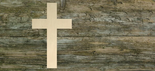 Christian cross paper cut wooden background christianity symbol panoramic — Stock Photo, Image