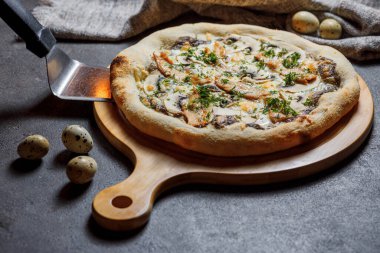 Pastırmalı pizza, domates, peynir ve zeytinli. İtalyan Mutfağı.